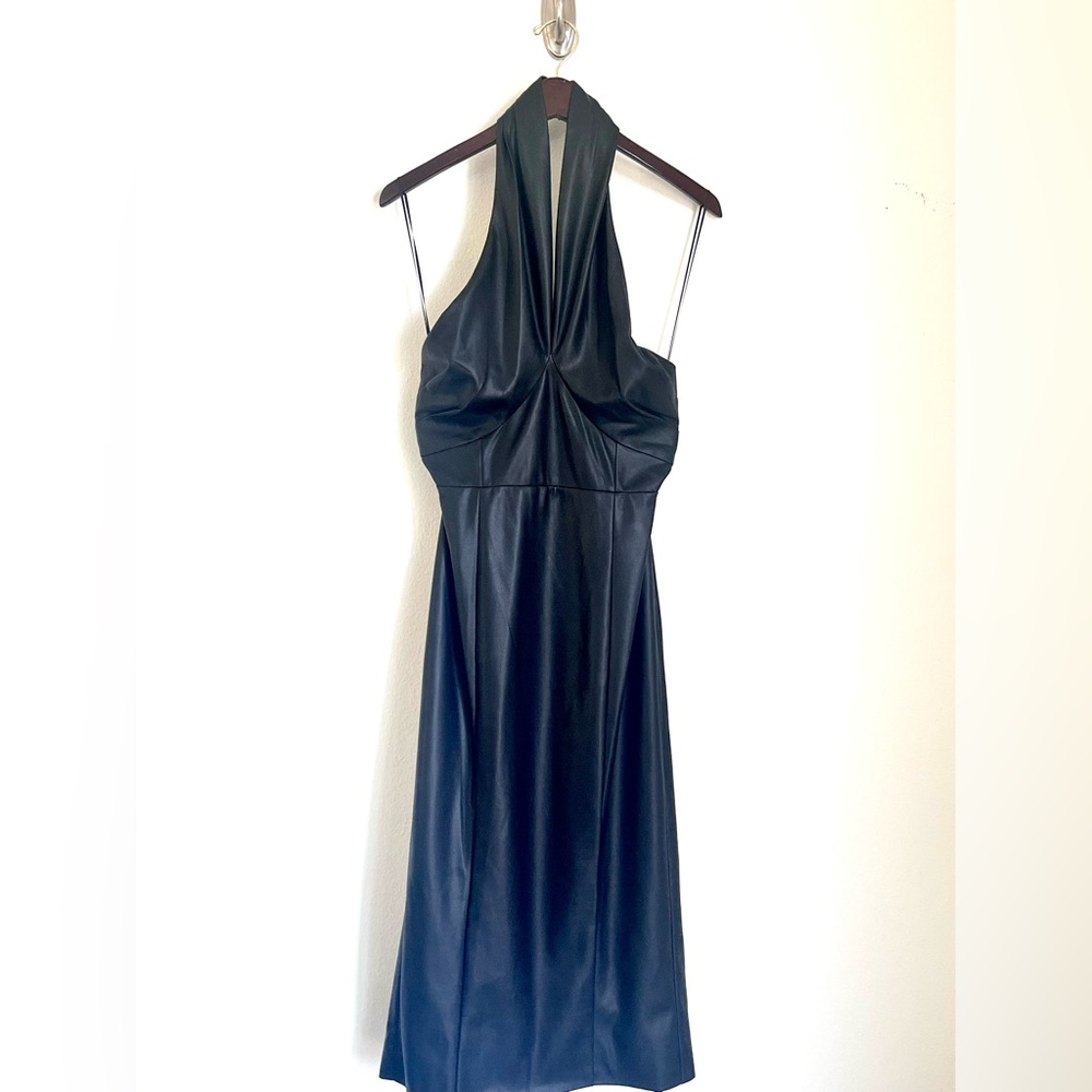 MILLY Women’s Raven Black Vegan Faux Leather Halter Neck Sz 6 Midi Dress BNWT - Picture 4 of 15
